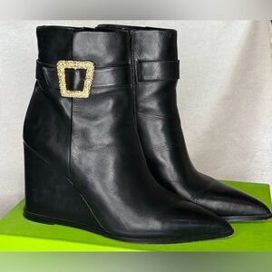 Sam Edelman Black Wedge Boots with Gold Buckle